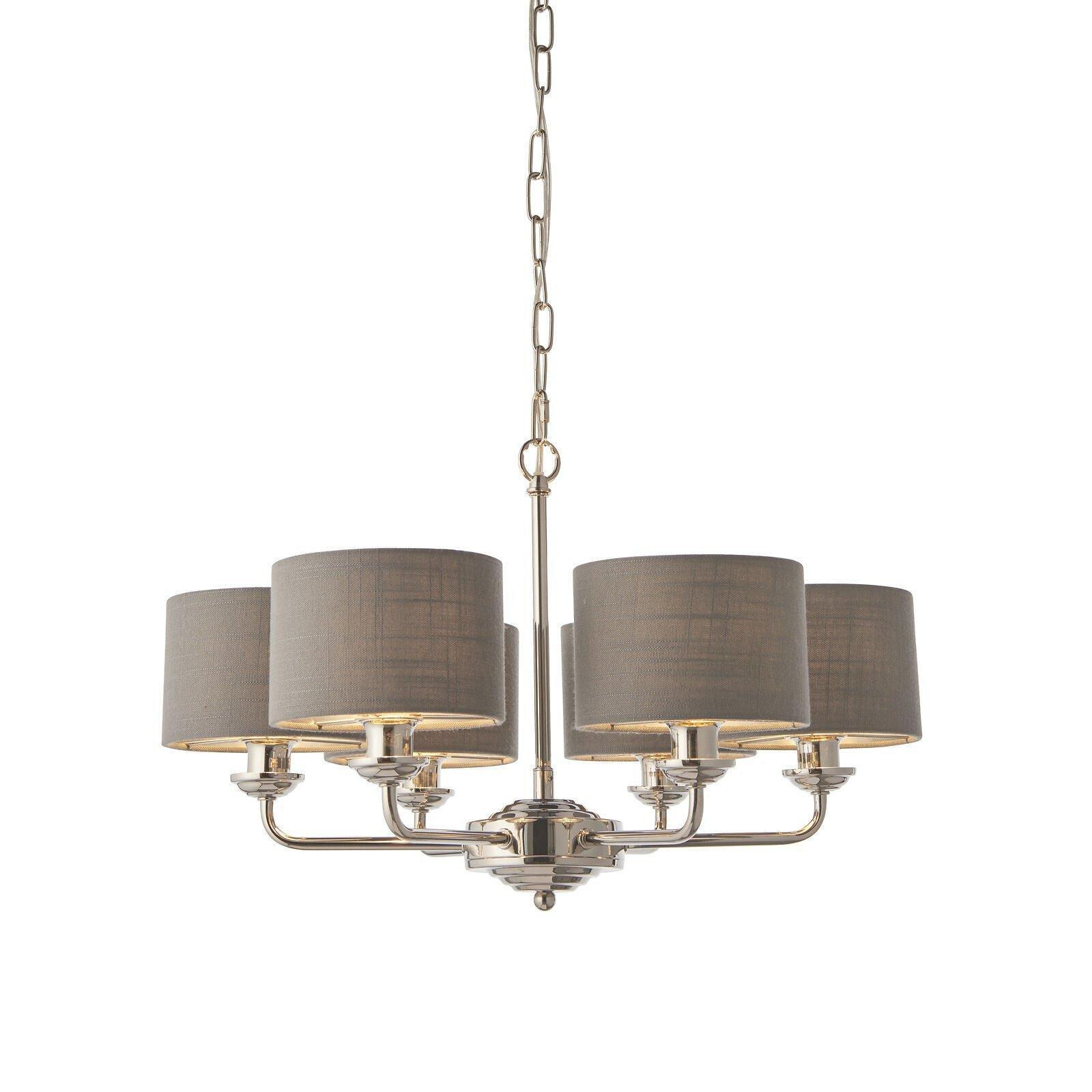 Ceiling Pendant Light - Bright Nickel Plate & Charcoal Fabric - 6 x 28W E14 - image 1