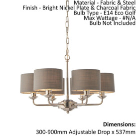 Ceiling Pendant Light - Bright Nickel Plate & Charcoal Fabric - 6 x 28W E14 - thumbnail 2