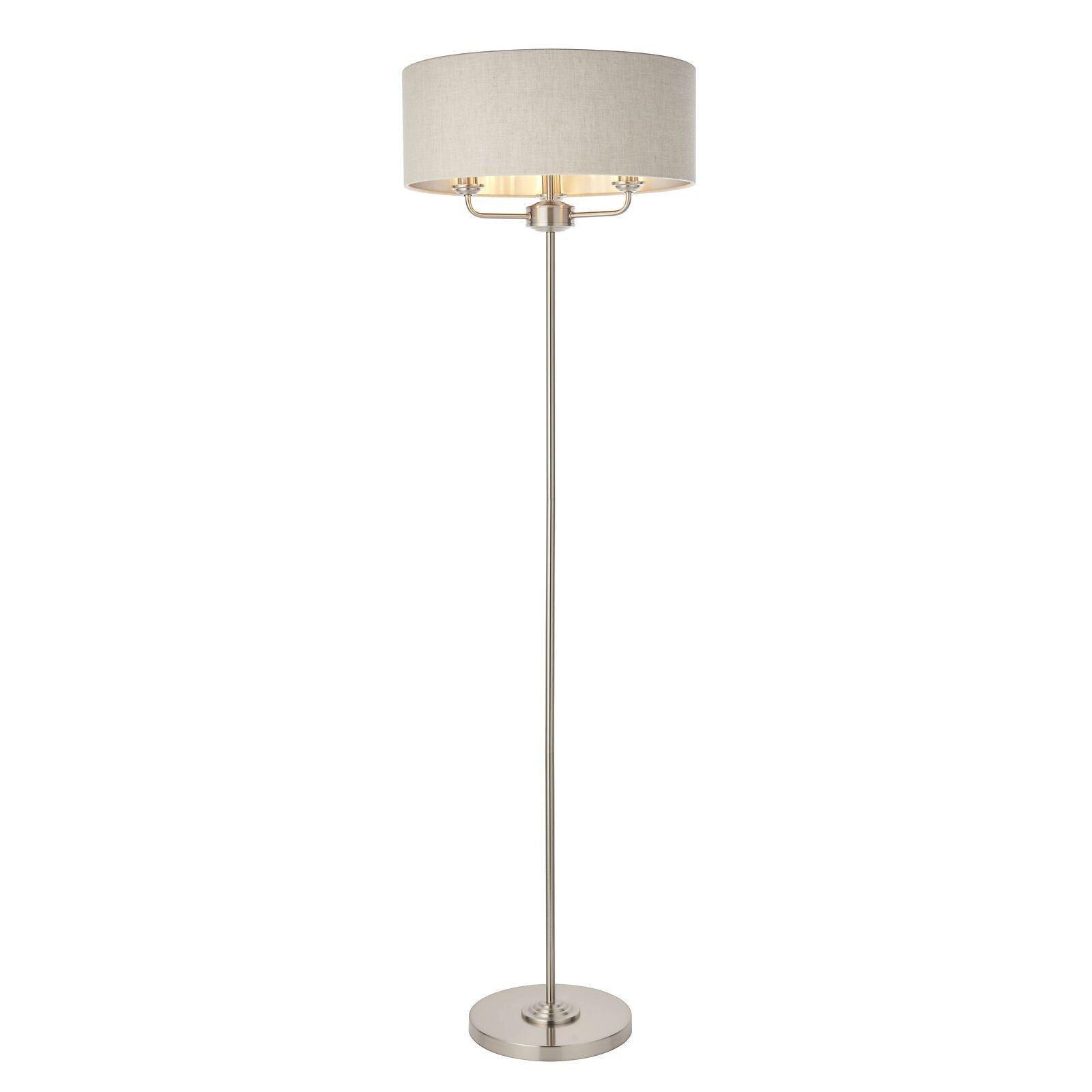 Floor Lamp Light - Brushed Chrome & Natural Linen - 3 x 40W E14  - Base & shade - image 1