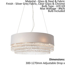 Ceiling Pendant Light - Silver Grey Fabric / Clear Glass & Chrome - 6x2.5W G9 - thumbnail 1