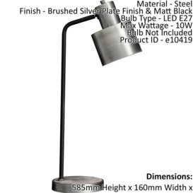 Table Lamp Brushed Silver Plate Finish & Matt Black 10W E27 Bedside Light