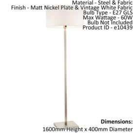 Floor Lamp Light Matt Nickel & Vintage White Fabric 60W E27 Base & Shade - thumbnail 2