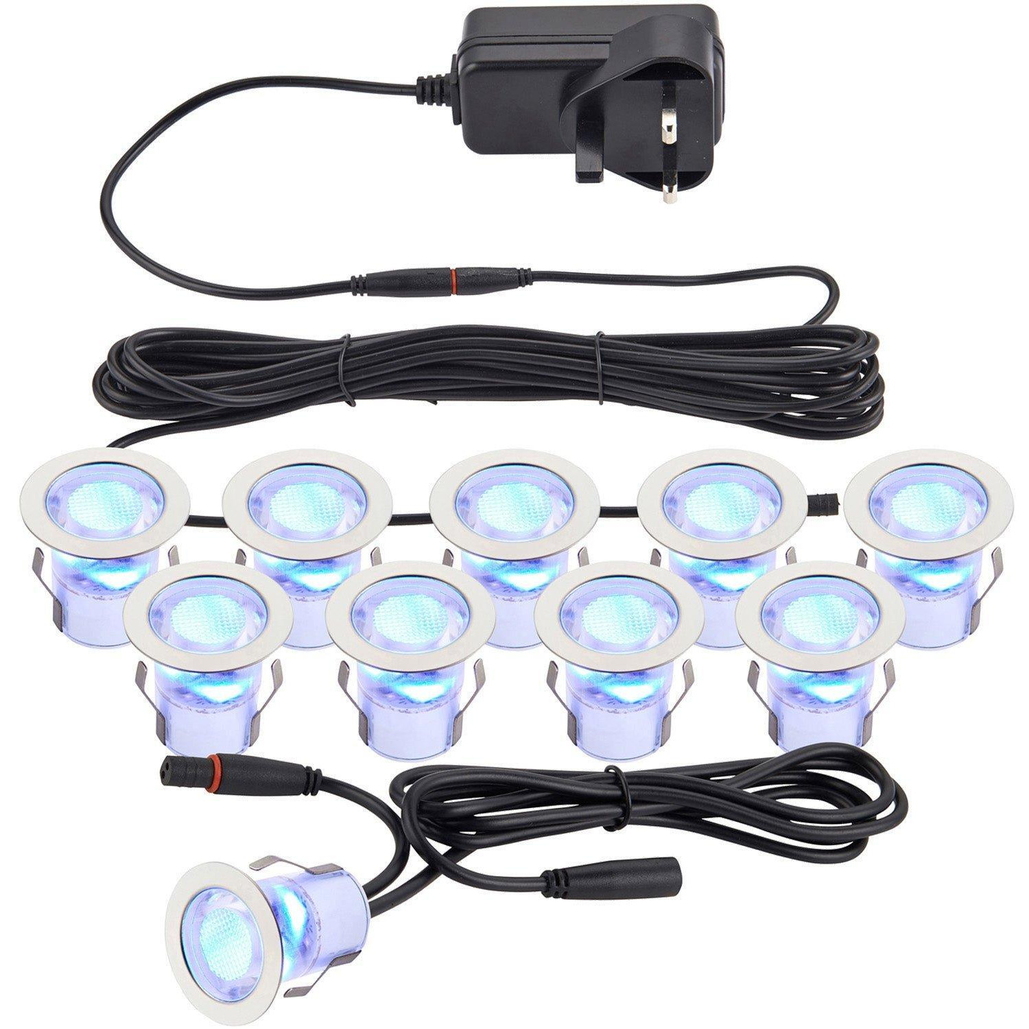 Recessed IP44 Decking Guide Light Kit - 10 x Blue Light LED - Stainless Steel - image 1
