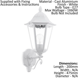 2 PACK IP44 Outdoor Wall Light White Traditional Lantern 60W E27 Porch Lamp Up - thumbnail 2