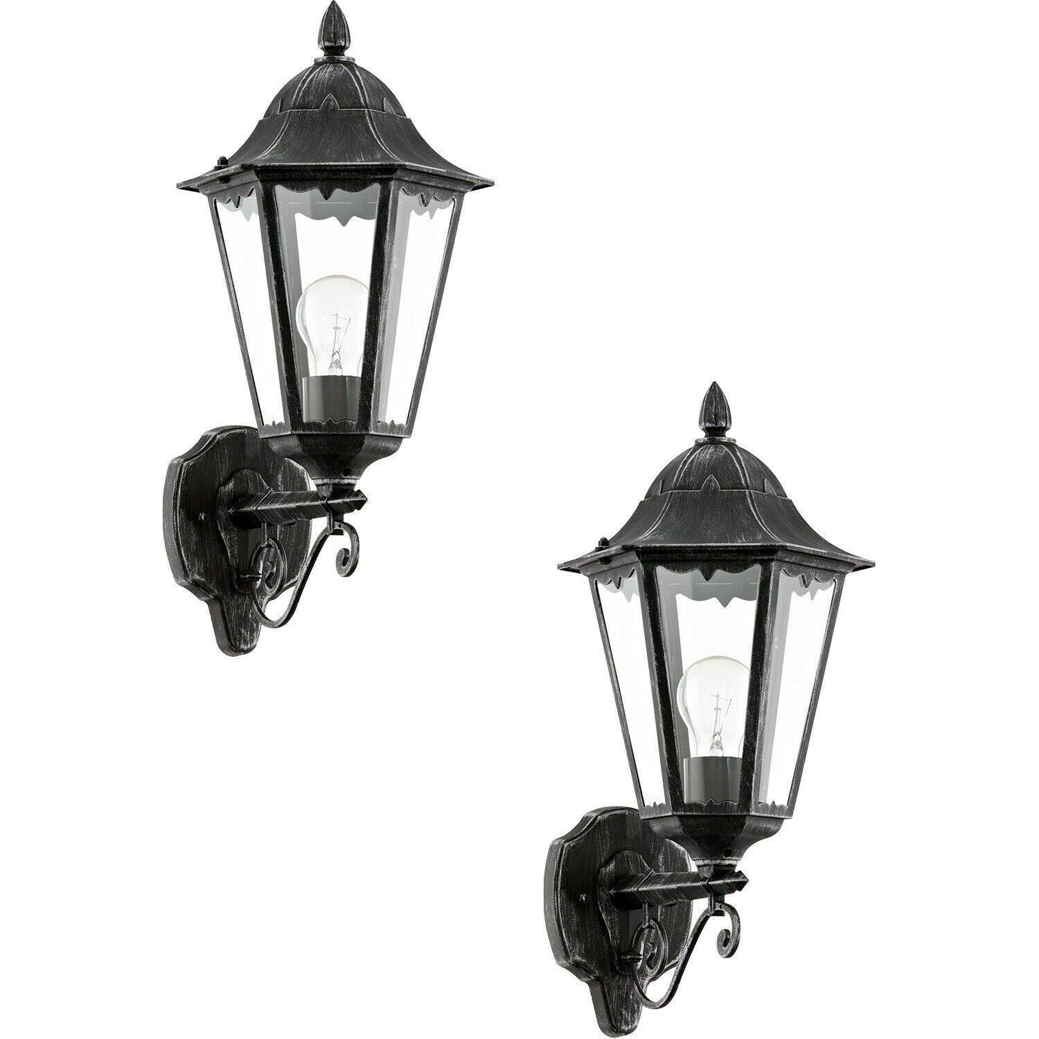 2 PACK IP44 Outdoor Wall Light Black & Silver Patina Up Lantern 1x 60W E27 - image 1