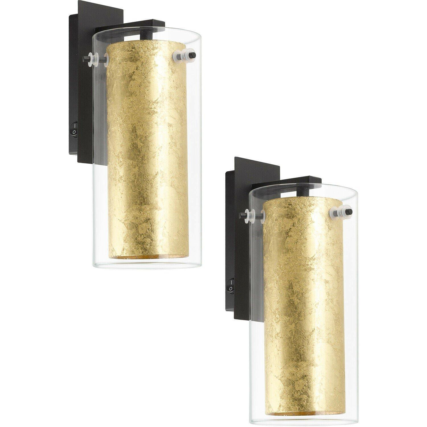 2 PACK Wall Light Colour Black Back Plate Shade Gold Inner Clear Glass E27 40W - image 1