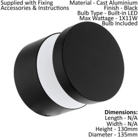 2 PACK IP44 Outdoor Wall Light Black Aluminium Round 11W LED Porch Lamp - thumbnail 2