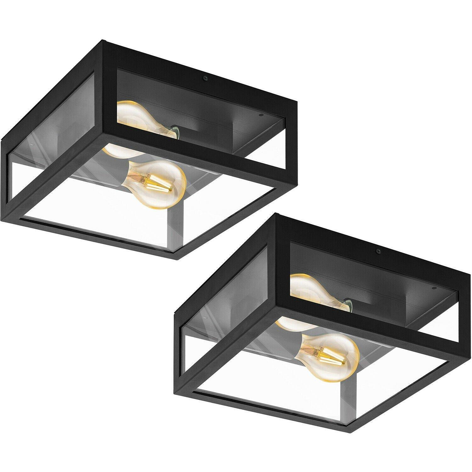 2 PACK IP44 Outdoor Wall Light Black & Glass Box Twin 60W E27 Porch Lamp - image 1