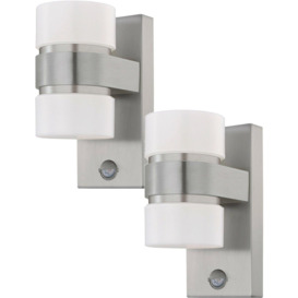 2 PACK IP44 Outdoor Wall Light & PIR Sensor Stainless Steel & Silver 6W LED - thumbnail 1