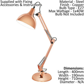 2 PACK Table Desk Lamp Colour Copper Adjustable In Line Switch Bulb E27 1x40W - thumbnail 2