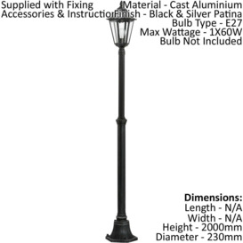 2 PACK IP44 Outdoor Bollard Light Black & Silver Lantern 2000mm Post 60W E27 - thumbnail 2