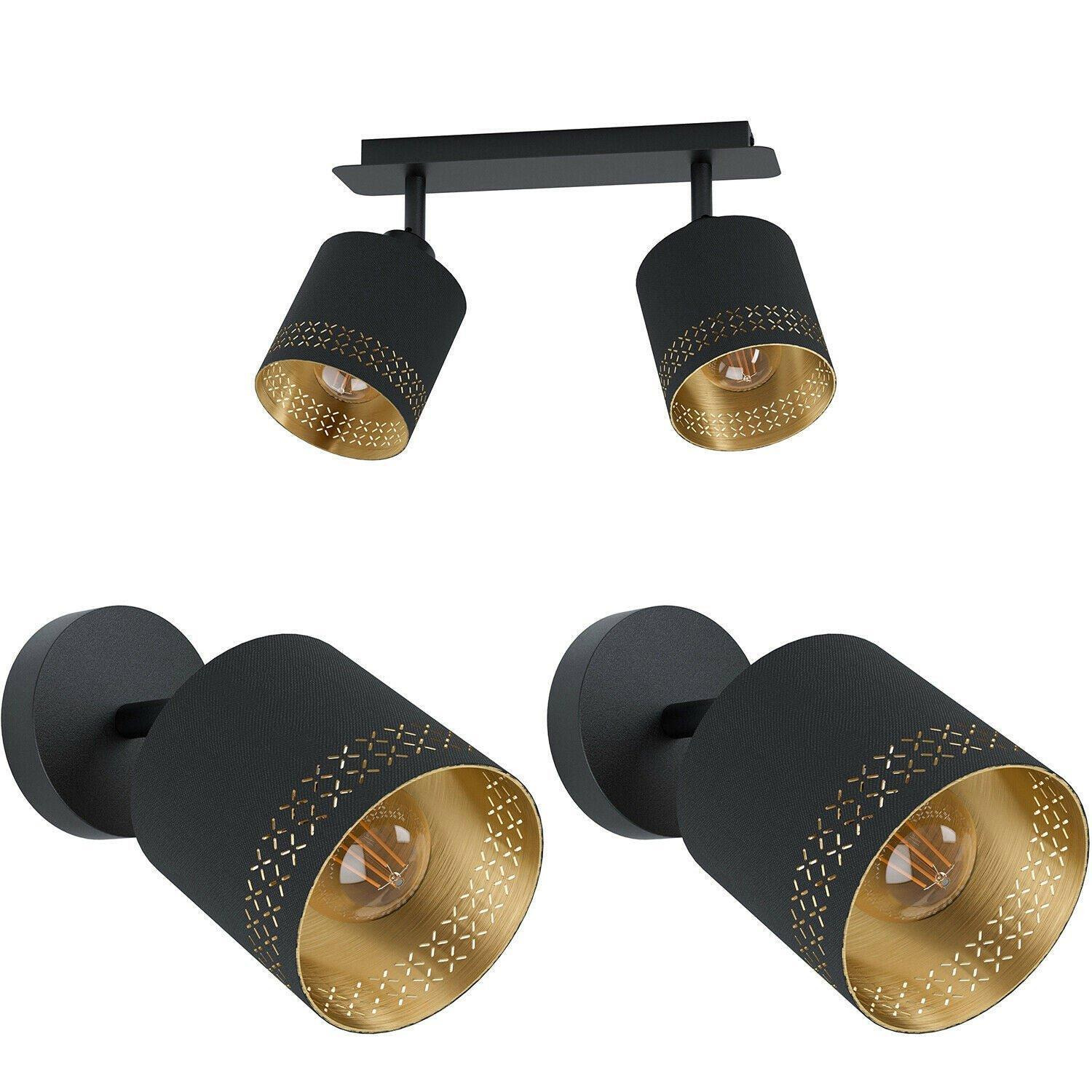 Twin Ceiling Spot Light & 2x Matching Wall Lights Black & Gold Shade Moving Head - image 1