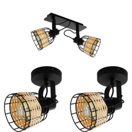 Twin Ceiling Spot Light & 2x Matching Wall Lights Black Wicker Shade Moving Head