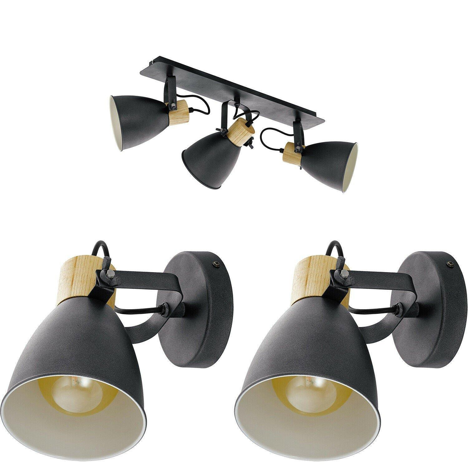 Ceiling Spot Light & 2x Matching Wall Lights Black & Wood Adjustable Shade - image 1