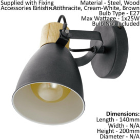 Ceiling Spot Light & 2x Matching Wall Lights Black & Wood Adjustable Shade - thumbnail 3