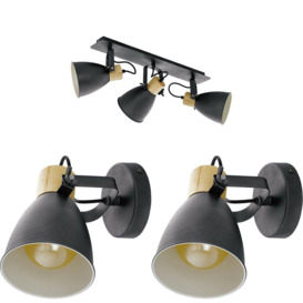 Ceiling Spot Light & 2x Matching Wall Lights Black & Wood Adjustable Shade - thumbnail 1