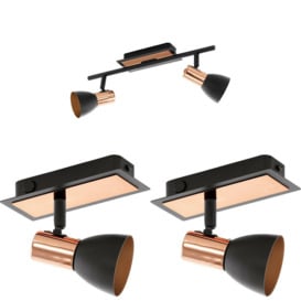 Twin Ceiling Spot Light & 2x Matching Wall Lights Black Copper Adjustable Shade - thumbnail 1