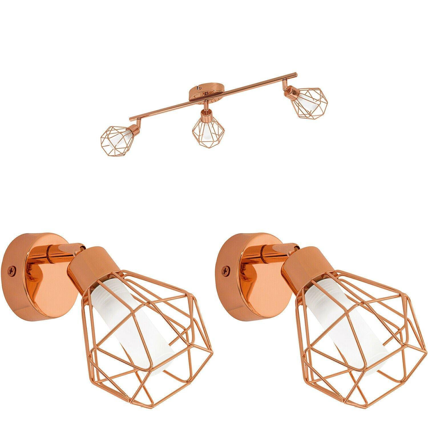 Ceiling Spot Light & 2x Matching Wall Lights Copper Geometric Wire Cage Shade - image 1