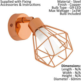 Ceiling Spot Light & 2x Matching Wall Lights Copper Geometric Wire Cage Shade - thumbnail 3