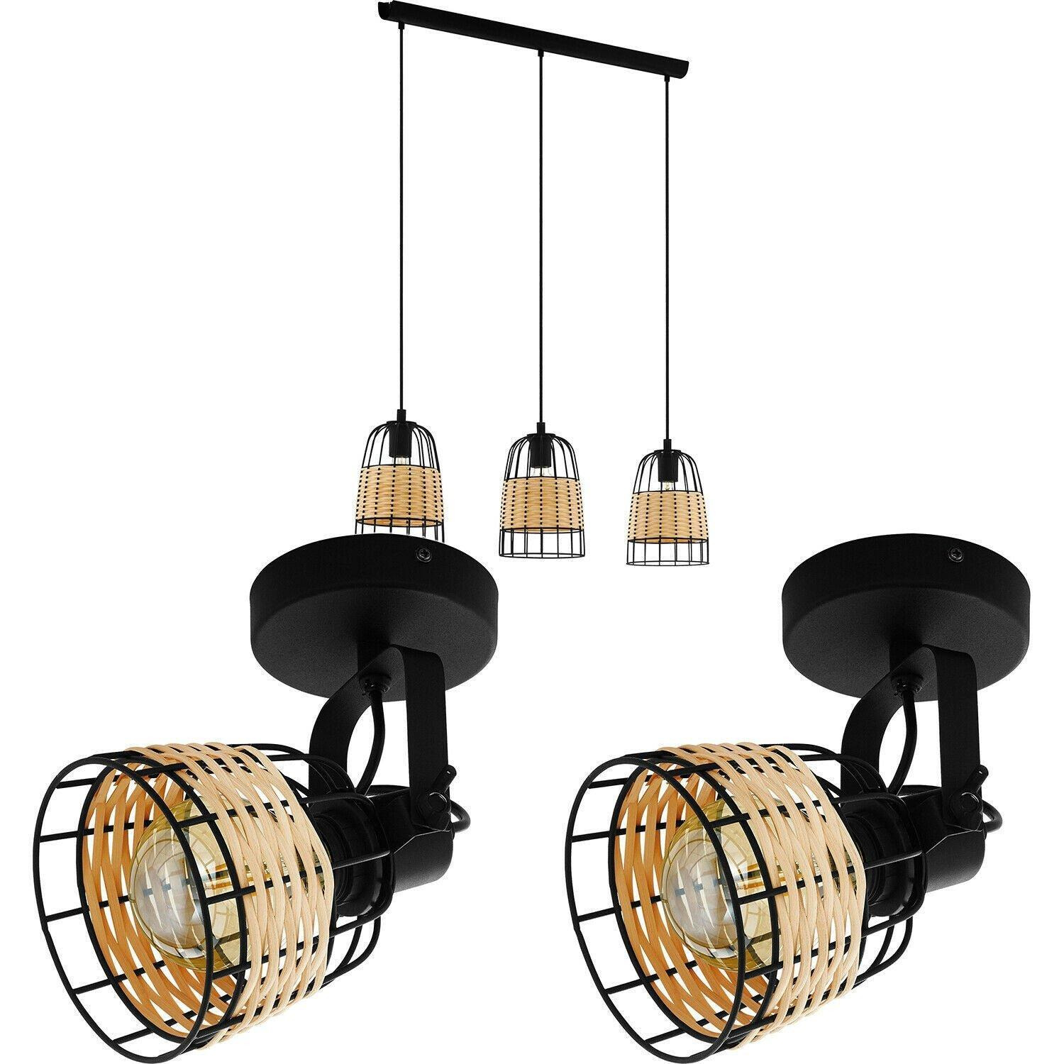 Ceiling Spot Light & 2x Matching Wall Lights Black Wire & Wicker Wood Shade - image 1