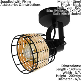 Ceiling Spot Light & 2x Matching Wall Lights Black Wire & Wicker Wood Shade - thumbnail 3