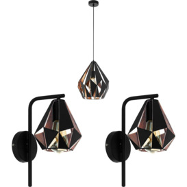 Ceiling Pendant Light & 2x Matching Wall Lights Black & Copper Geometric Shade