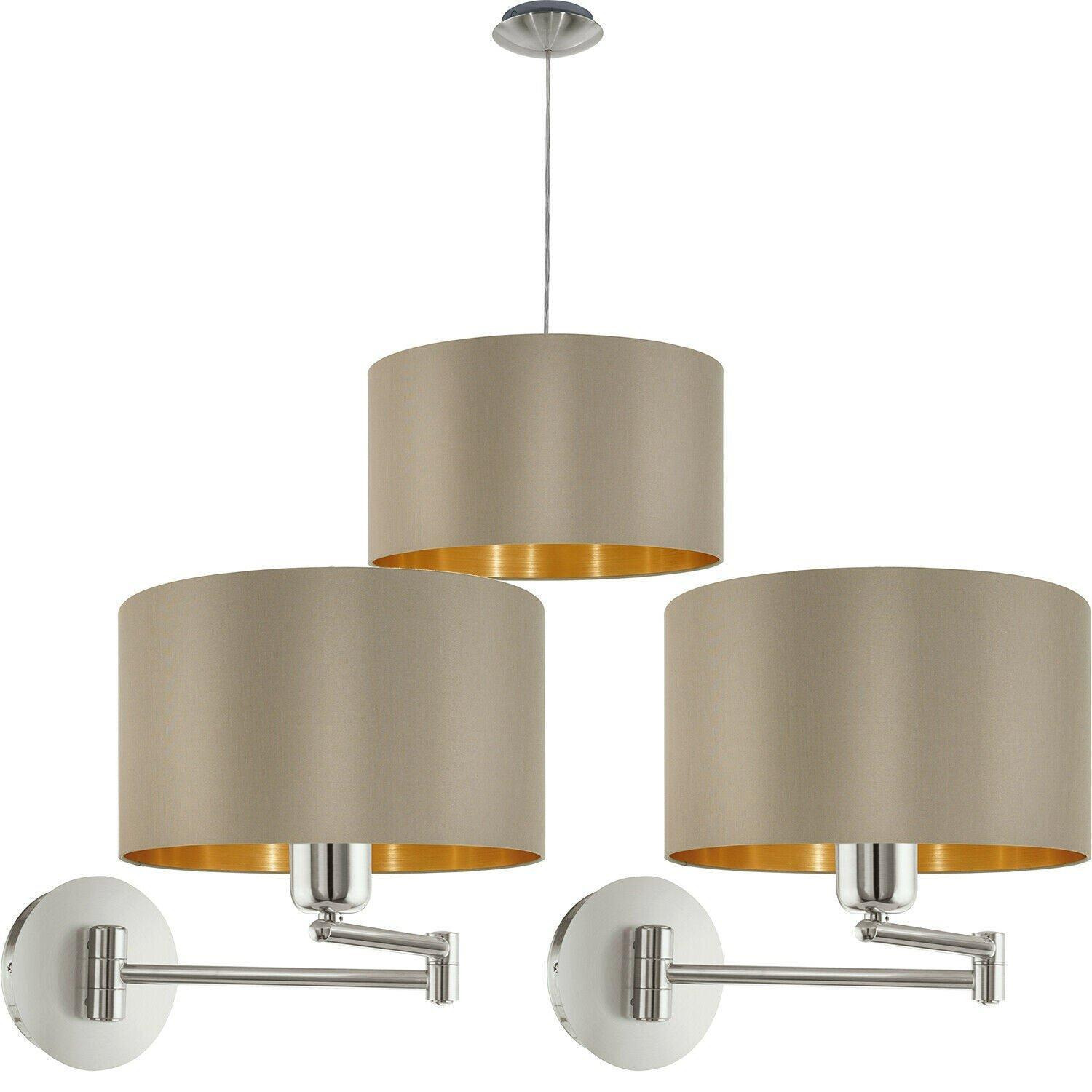 Ceiling Pendant & 2x Matching Wall Lights Taupe & Gold Fabric Feature Shade - image 1