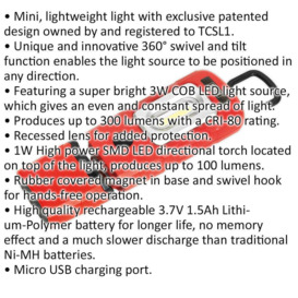 Lightweight Swivel Inspection Light - 3W COB & 1W SMD LED - Rechargeable - Red - thumbnail 2
