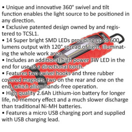 360Ã‚° Swivel Inspection Light - 14 SMD & 3W SMD LED - Rechargeable - Red - thumbnail 2