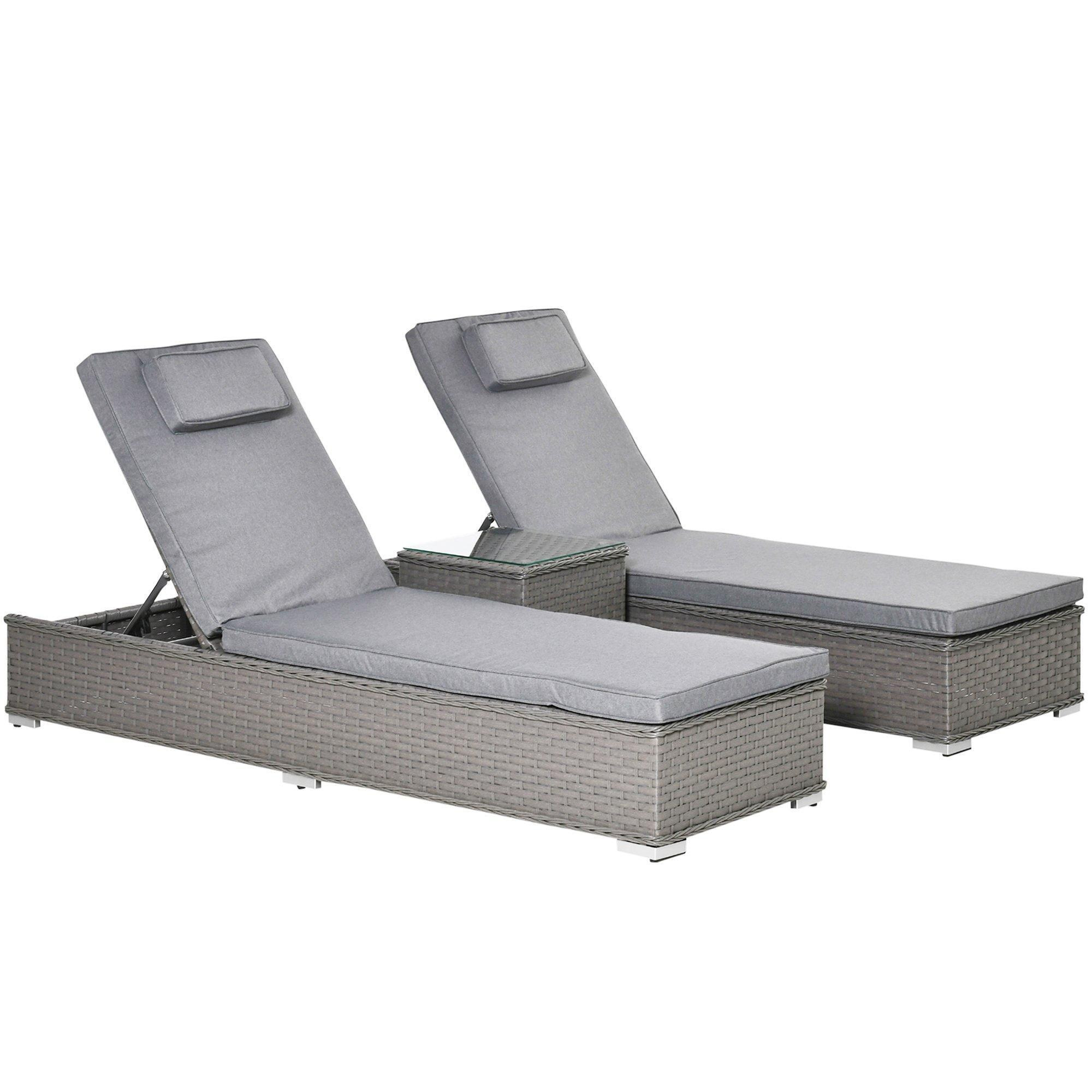 3PC Rattan Sun Lounger Garden Outdoor Wicker Recliner Bed Side Table - Grey - image 1