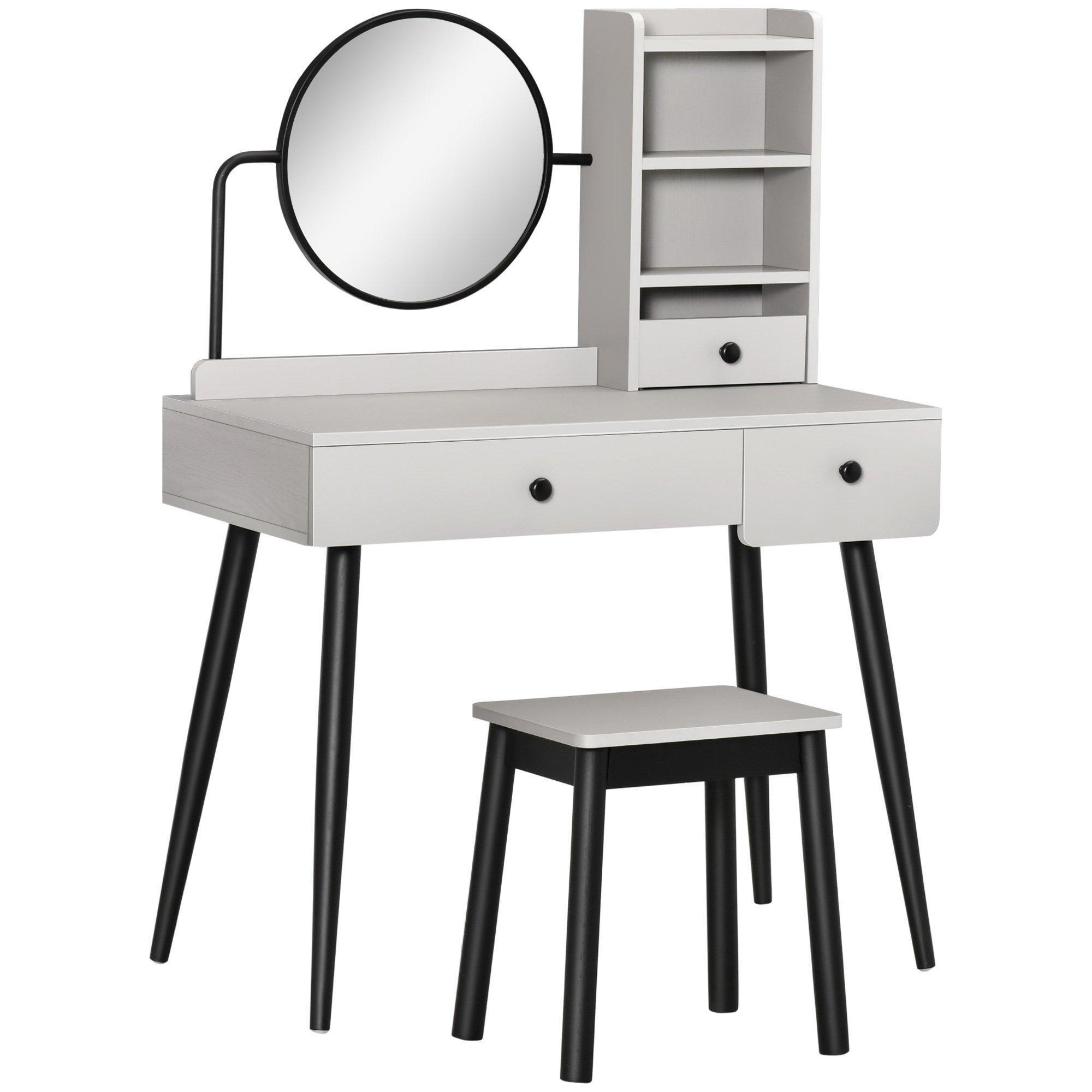 Dressing Table Set 3 Drawers Shelves Round Mirror Stool Bedroom - image 1