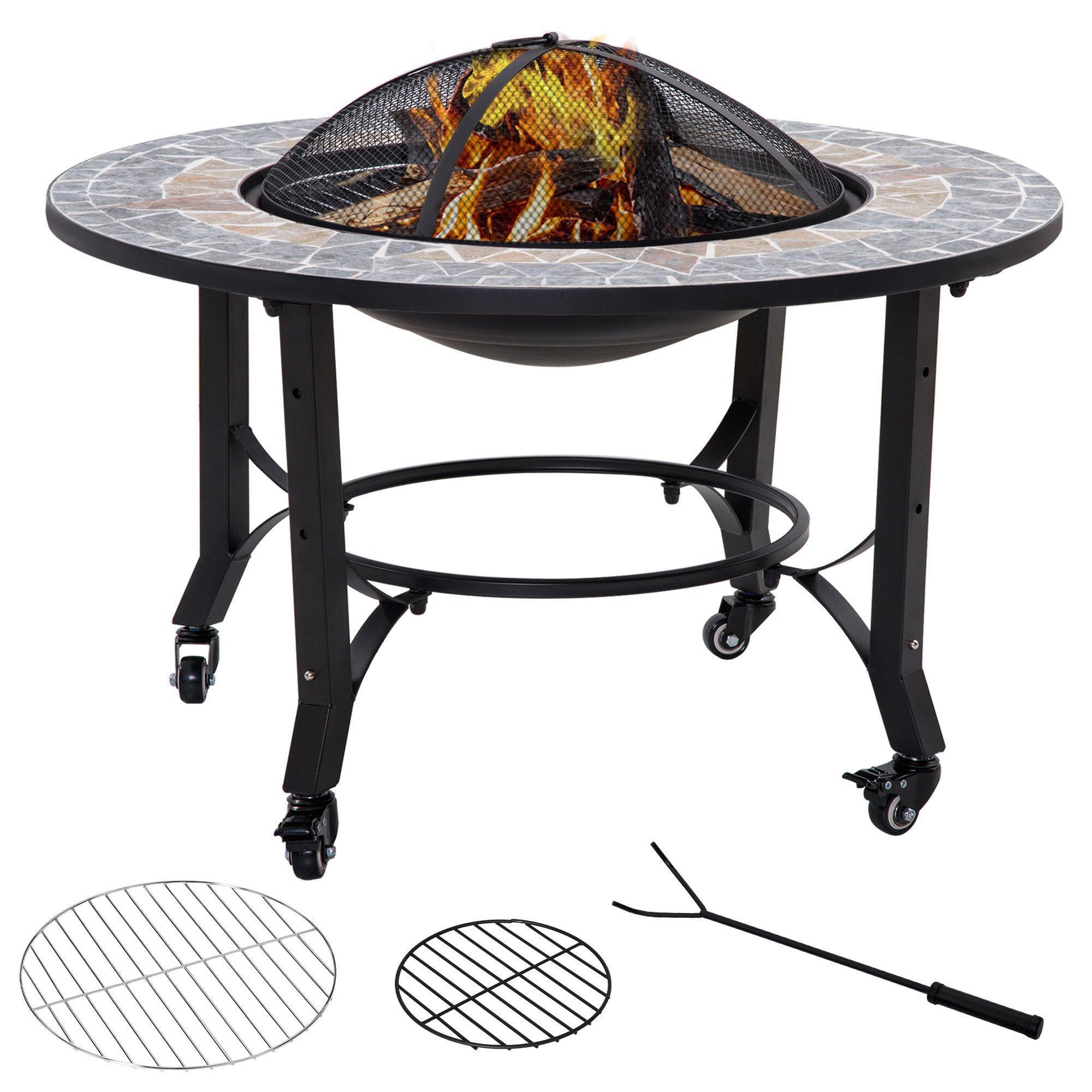 Firepit on Wheels Fire Bowl W/ Grill Spark Screen Cover Fire Poker - image 1