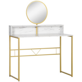 Modern Dressing Table W/ Open Storage Round Mirror Faux Marble Bedroom White - thumbnail 1