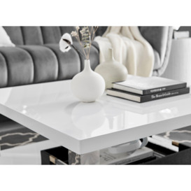 Anzio Square White High Gloss and Silver Chrome Large Coffee Table with Storage Shelf for Sleek Modern Minimalist Living Room - thumbnail 3