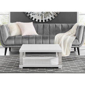 Anzio Square White High Gloss and Silver Chrome Large Coffee Table with Storage Shelf for Sleek Modern Minimalist Living Room - thumbnail 2