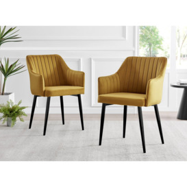 Set of 2 Calla Deep Padded Dining Chairs Upholstered in Soft Velvet With Black Metal Legs