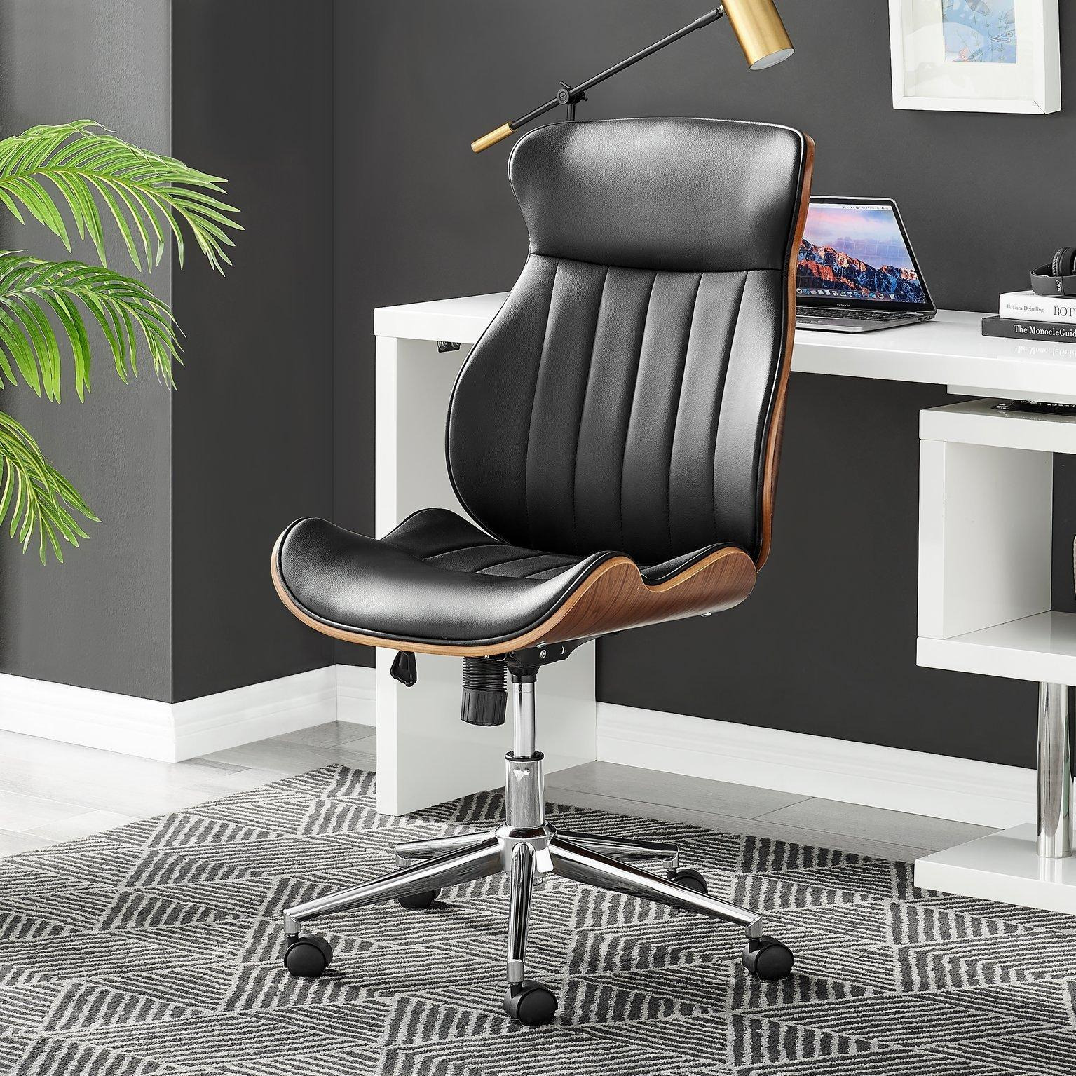 Parker Black Faux Leather Moulded Wooden Back Mid Century Computer Desk Office Gaming Wheeled Adjustable Swivel Chair - image 1