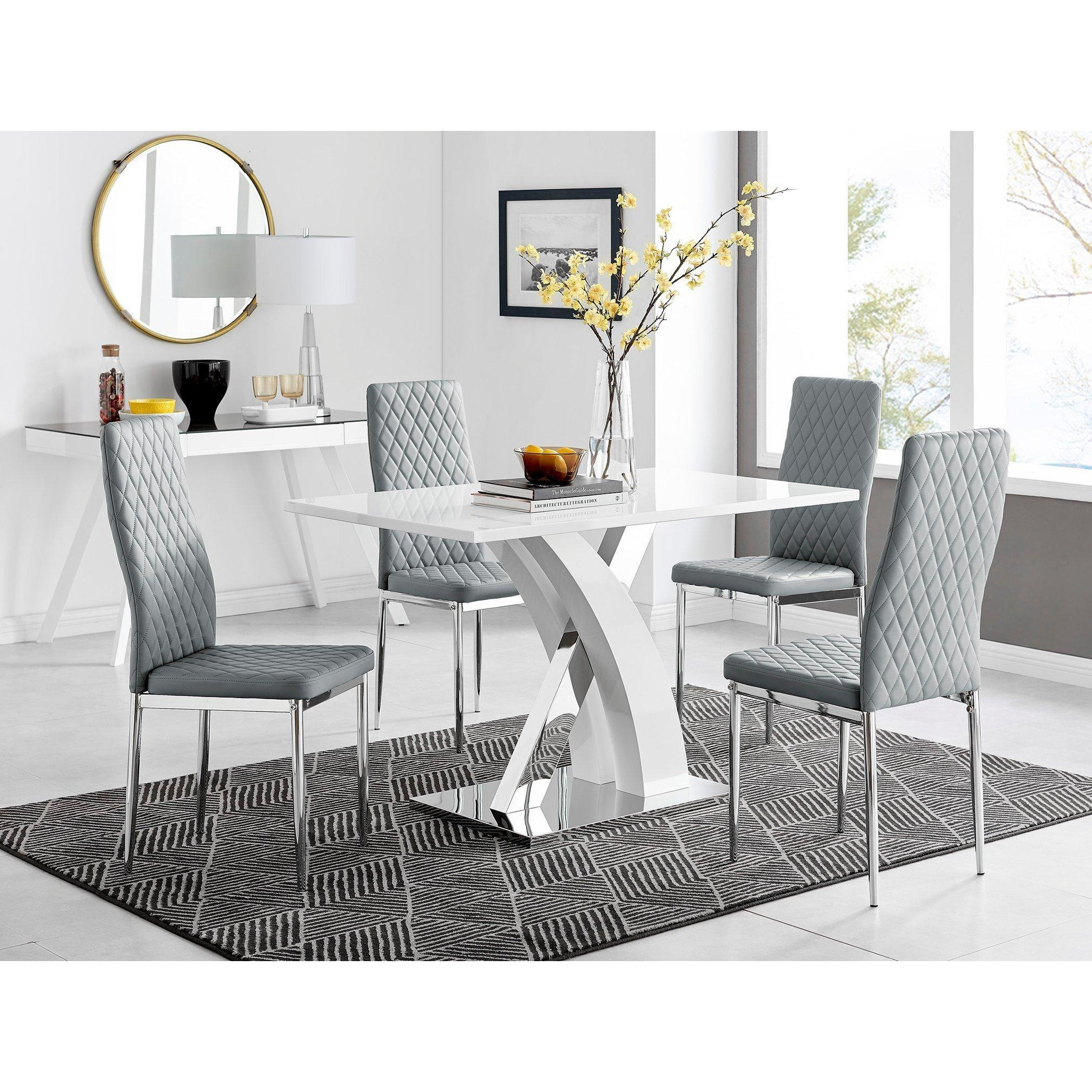 Atlanta White High Gloss and Chrome 4 Seater Dining Table with X Shaped Legs and 4 Faux Leather Milan Chairs - image 1