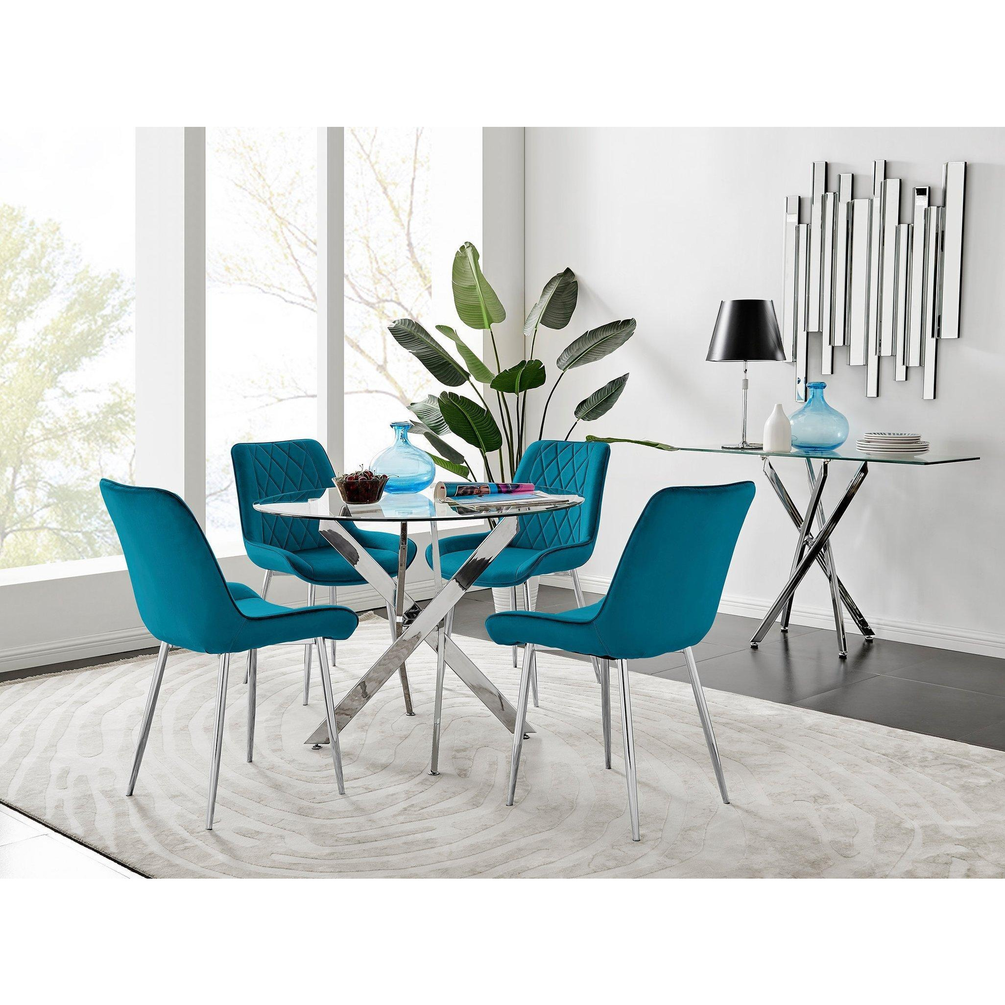 Novara Clear Tempered Glass 100cm Round Dining Table with Chrome Starburst Legs & 4 Pesaro Velvet Silver Leg Chairs - image 1