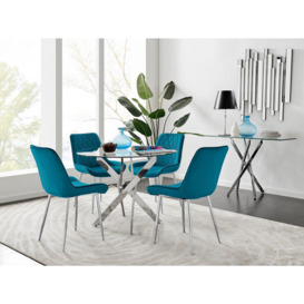Novara Clear Tempered Glass 100cm Round Dining Table with Chrome Starburst Legs & 4 Pesaro Velvet Silver Leg Chairs