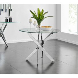 Novara Clear Tempered Glass 100cm Round Dining Table with Chrome Starburst Legs & 4 Pesaro Velvet Silver Leg Chairs - thumbnail 3