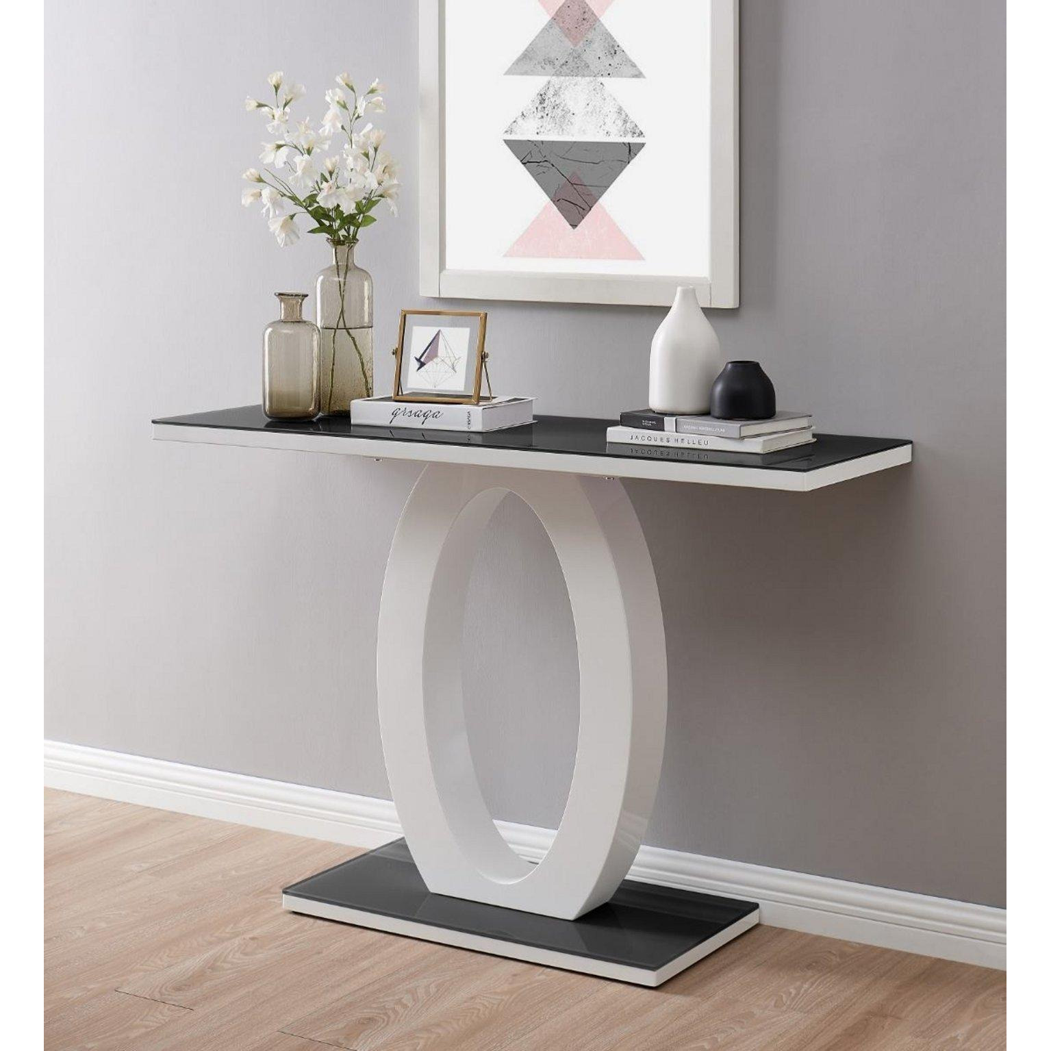 Giovani Rectangular White High Gloss Console Table with Glass Top and Unique Halo Structural Plinth Base Design - image 1