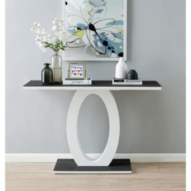 Giovani Rectangular White High Gloss Console Table with Glass Top and Unique Halo Structural Plinth Base Design - thumbnail 2