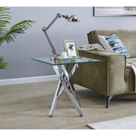 Leonardo Square Glass Side End Bedside Table with Metal Angled Starburst Legs for Modern Living Rooms