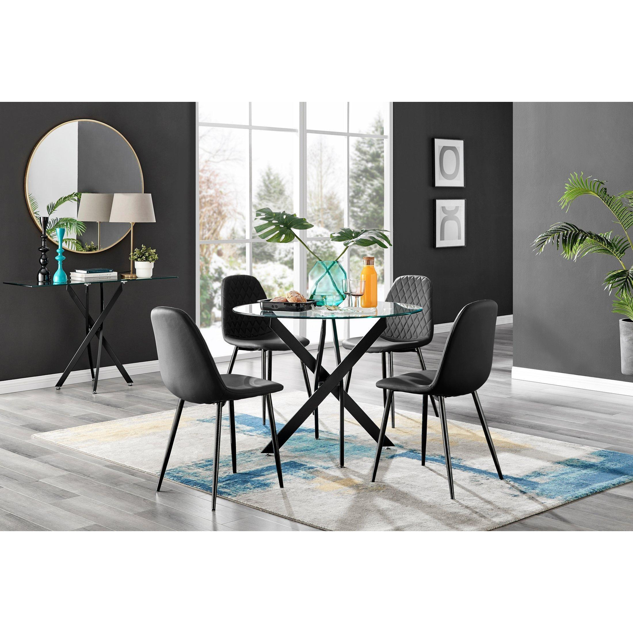 Novara 4 Seater Black Leg Round Glass Dining Table & 4 Corona Faux Leather Black Leg Chairs - image 1