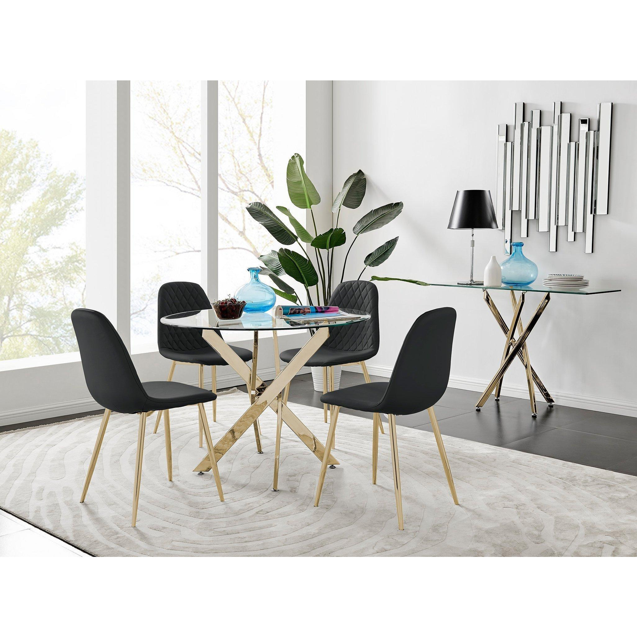 Novara 100cm Round Tempered Glass Dining Table with Gold Legs & 4 Corona Faux Leather Chairs - image 1