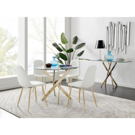 Novara 100cm Round Tempered Glass Dining Table with Gold Legs & 4 Corona Faux Leather Chairs