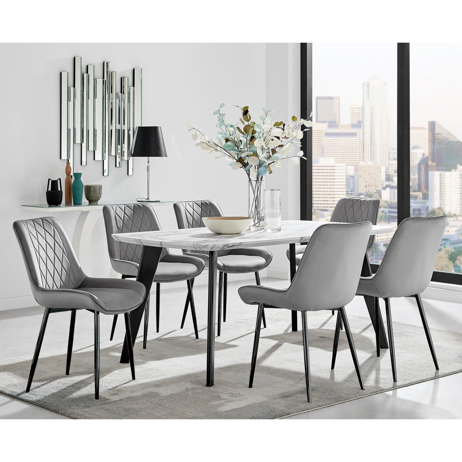 Andria White Marble Effect & Black Leg 6 Seater Dining Table and 6 Pesaro Soft Velvet Chairs - image 1