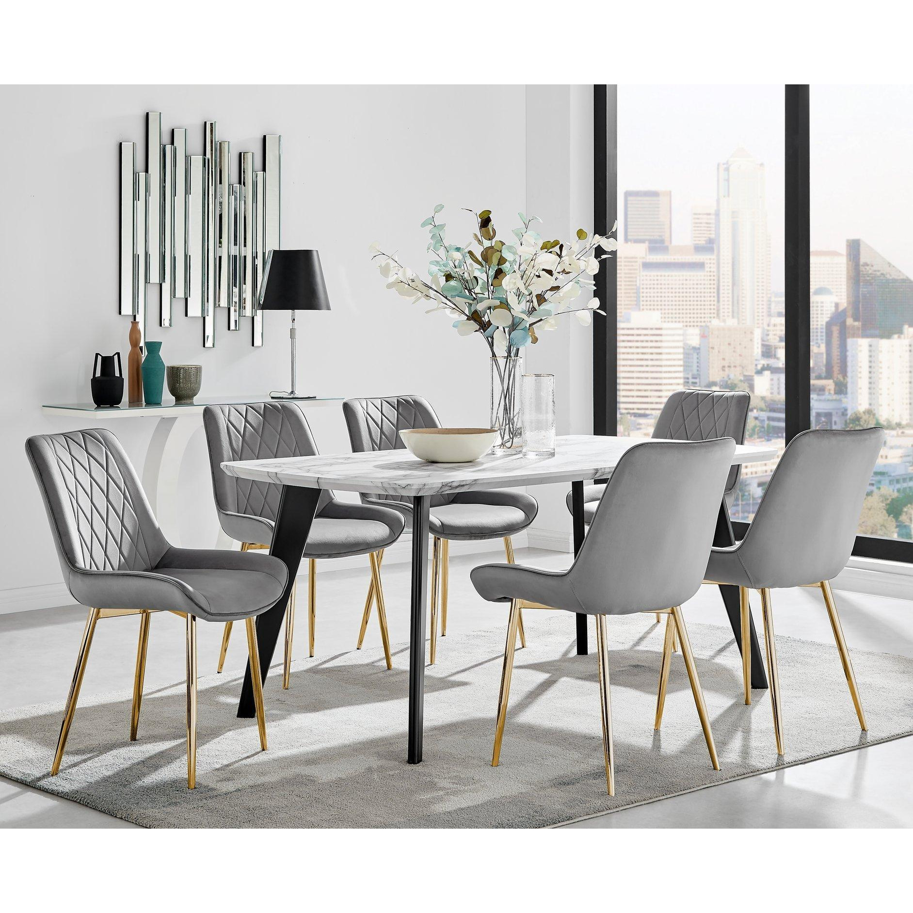Andria Marble Effect Dining Table With Black Legs & 6 Pesaro Velvet Gold Leg Chairs - image 1