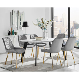 Andria Marble Effect Dining Table With Black Legs & 6 Pesaro Velvet Gold Leg Chairs